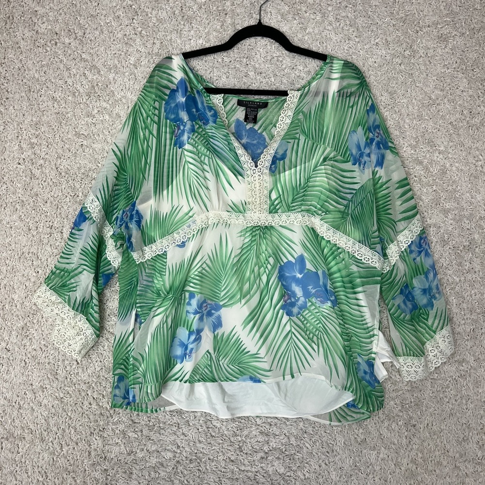 Silkland Blouse Womens 1X Green Blue Floral Palm Leaf Silk Sheer Lined Tropical